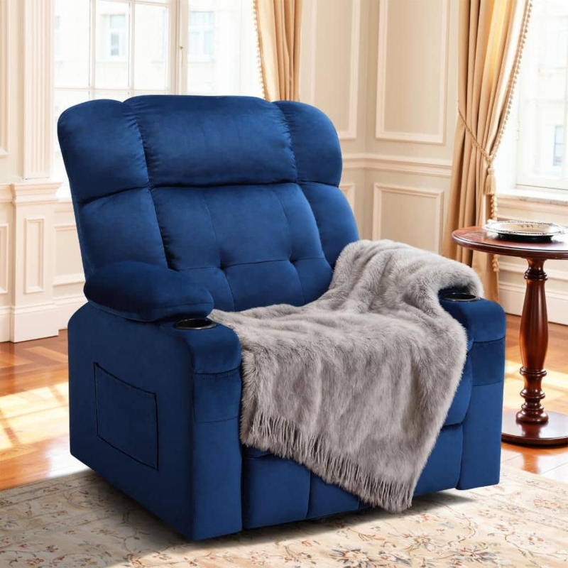 Oversized Navy Velvet Power Lift Recliner Chair with Cup Holders