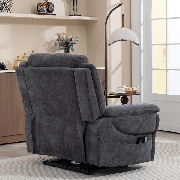 Oversized Power Lift Recliner Charcoal Textured Fabric Side Pocket