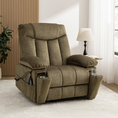 Oversized Power Recliner in Olive Green with Nailhead Trim