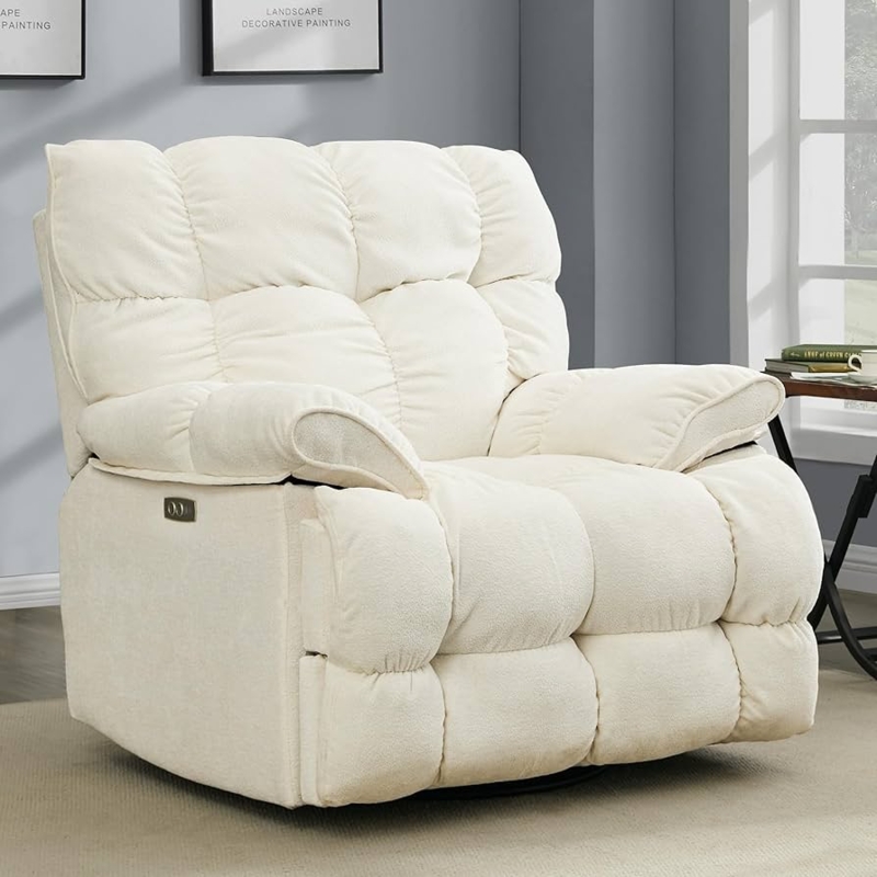 Oversized Power Recliner with Segmented Cushioning in Cream Fabric