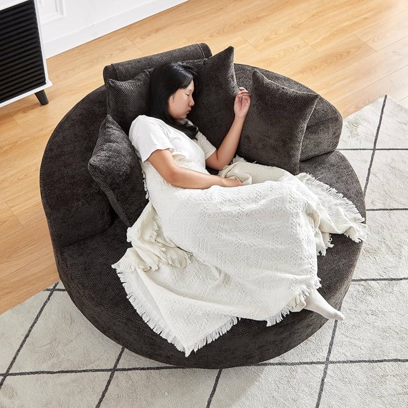 Oversized Swivel Accent Chair in Black Chenille with Round Silhouette