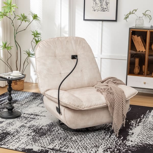 Oversized Swivel Recliner Cream Velvet Like Phone Holder Tufted Back