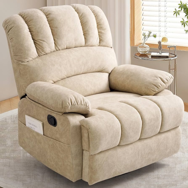 Oversized Swivel Rocker Recliner in Beige Brushed Fabric with Side Pocket