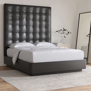 Oversized Tufted Headboard Charcoal Faux Leather Grid Pattern Industrial