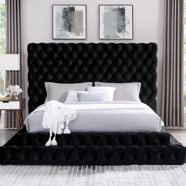 Oversized Velvet Tufted Bed with Diamond Pattern in Dark Finish