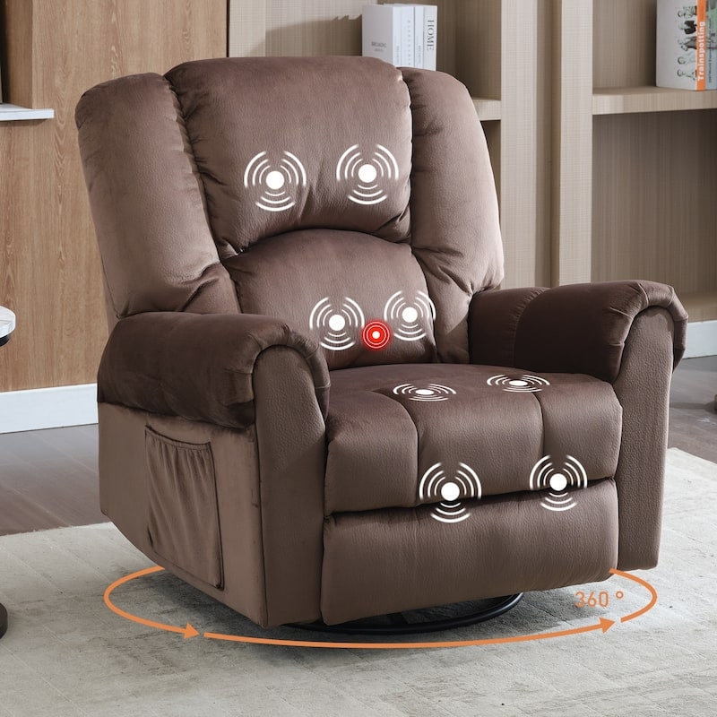 Overstuffed Brown Swivel Rocker Recliner: 360 Degree Rotation with Heat.