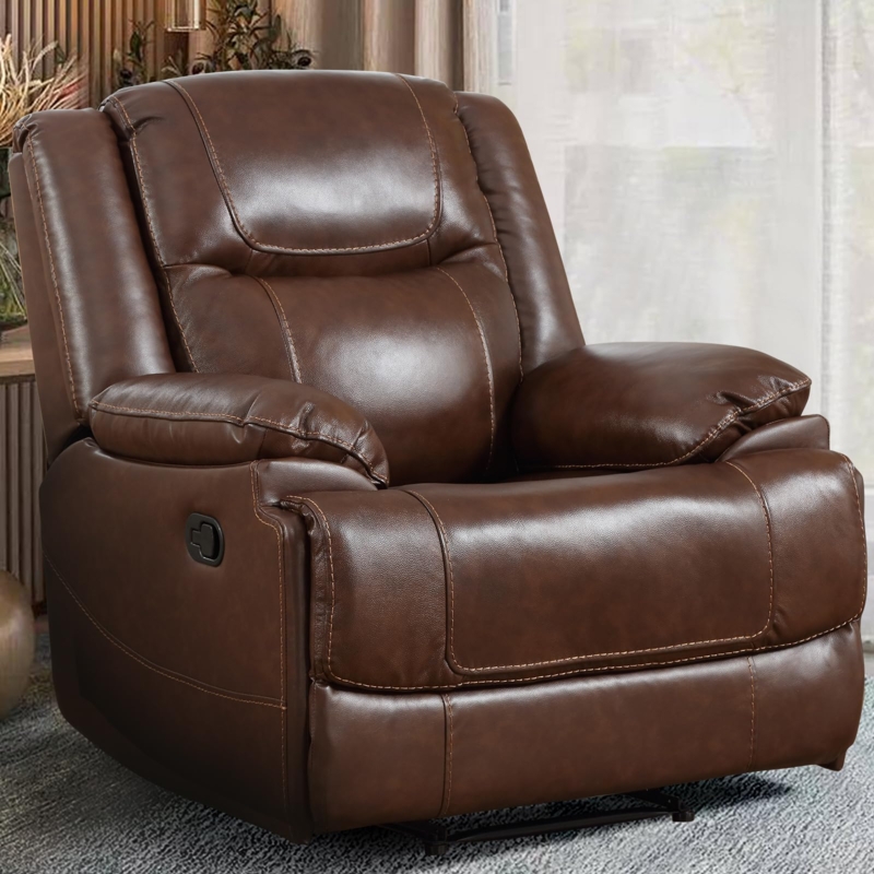 Overstuffed Manual Recliner Chair Brown Leather-Like Segmented Back