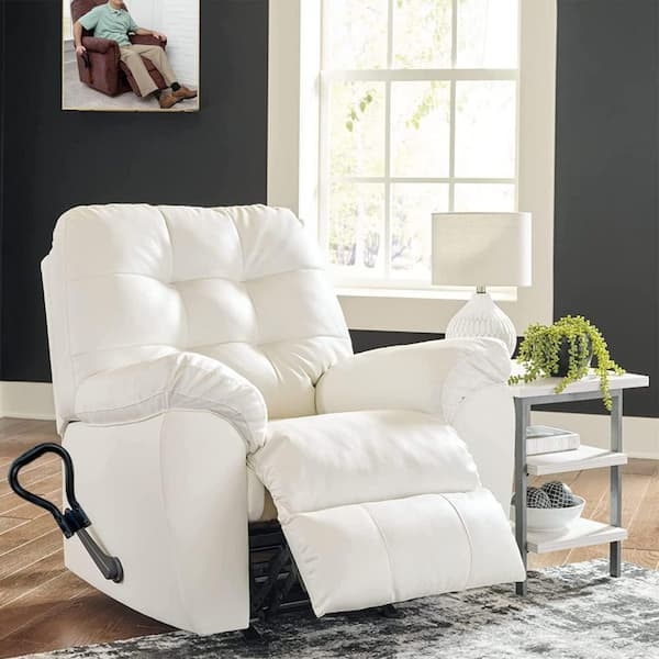 Overstuffed Recliner White Leather-Like With Handle Extender
