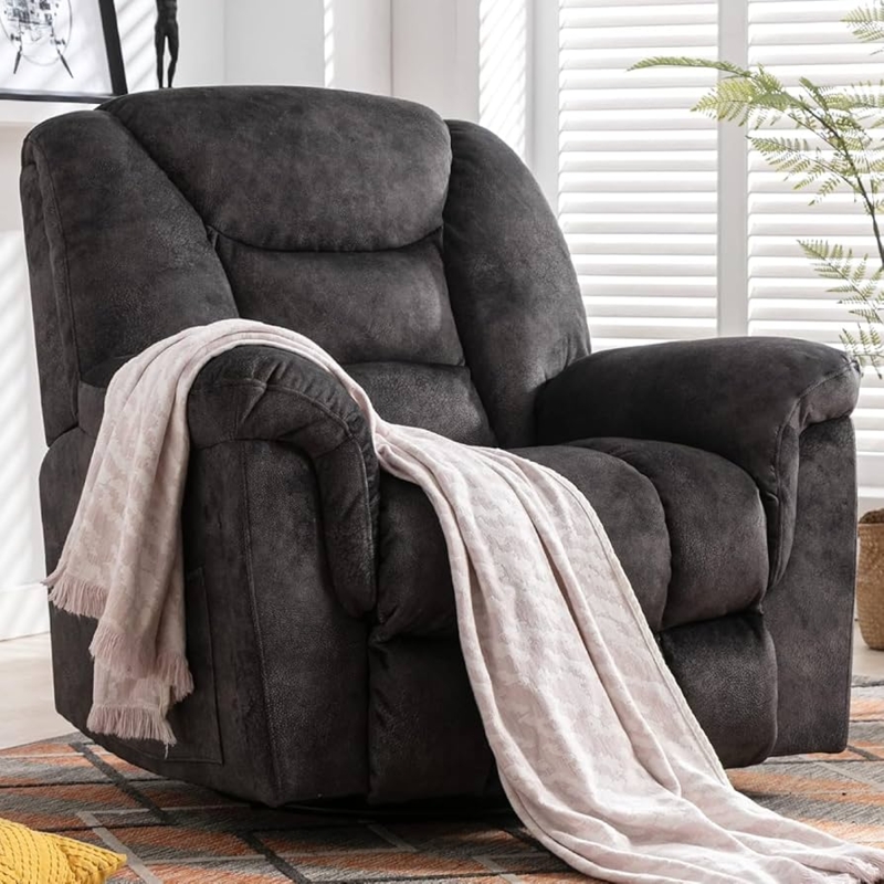 Overstuffed Rocking Recliner in Charcoal Grey Swivel Base design