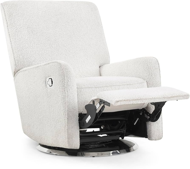 Oyster Chenille Swivel Recliner with Power Recline and Chrome Base