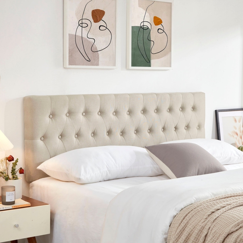 Padded Beige Linen-Like Headboard with Modern Diamond Button Tufting