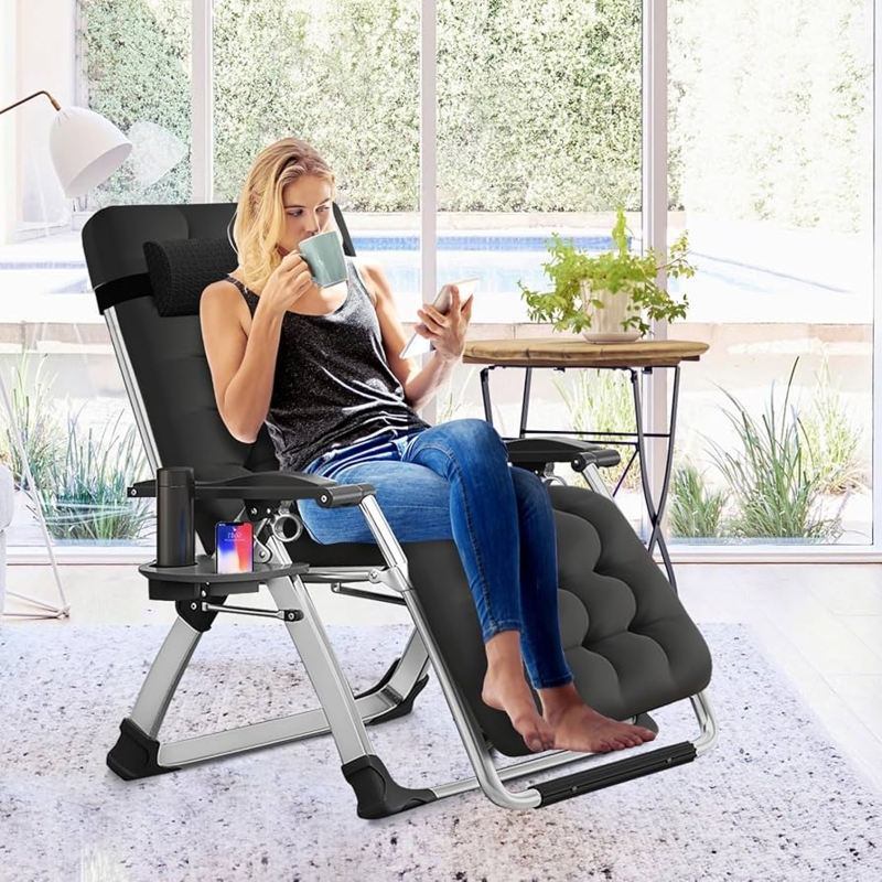 Padded Folding Lounge Chair with Removable Headrest and Side Tray