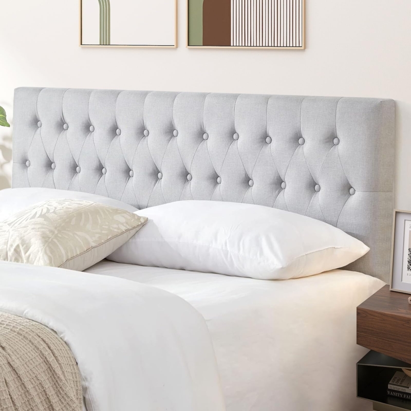 Padded Rectangular Tufted Headboard with Diamond Button Detail and Linen-Like Fabric
