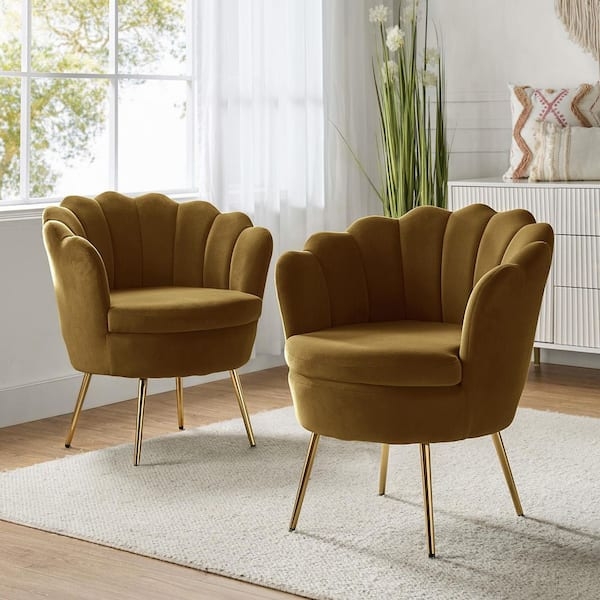 Pair of Barrel Chairs with Scalloped Seashell Edges and Golden Legs