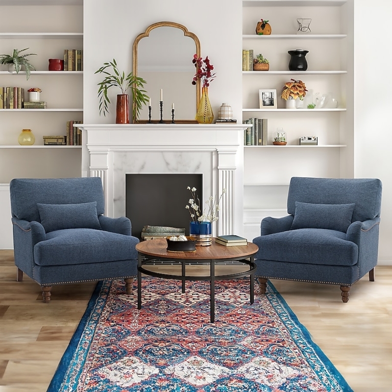Pair of Navy Blue Accent Chairs with Nailhead Trim and Turned Wood Legs