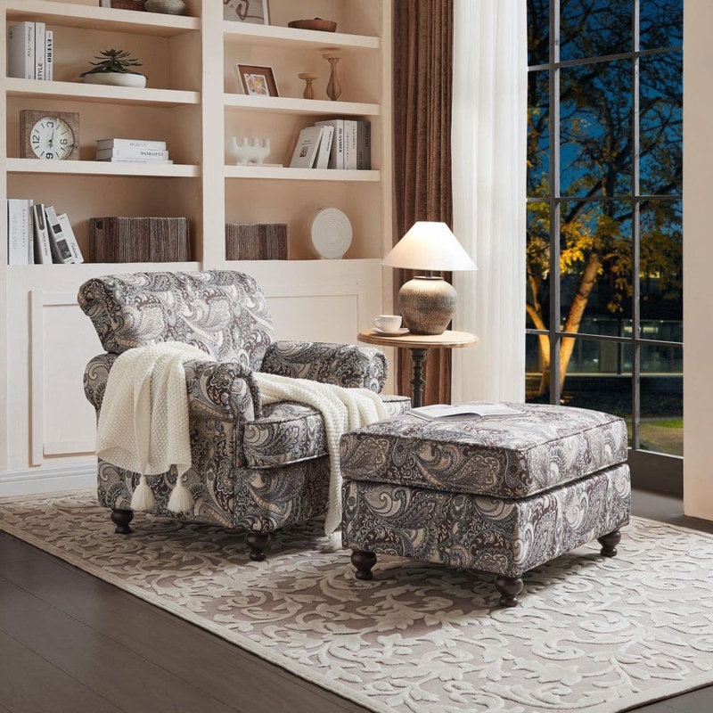 Paisley Accent Chair Recliner Set with Matching Ottoman