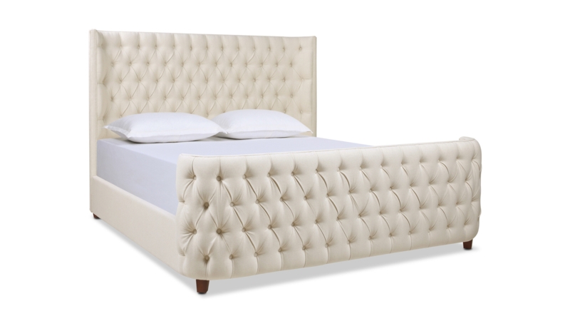 Panel Bed Beige Wingback with Diamond Tufting and Rolled Footboard