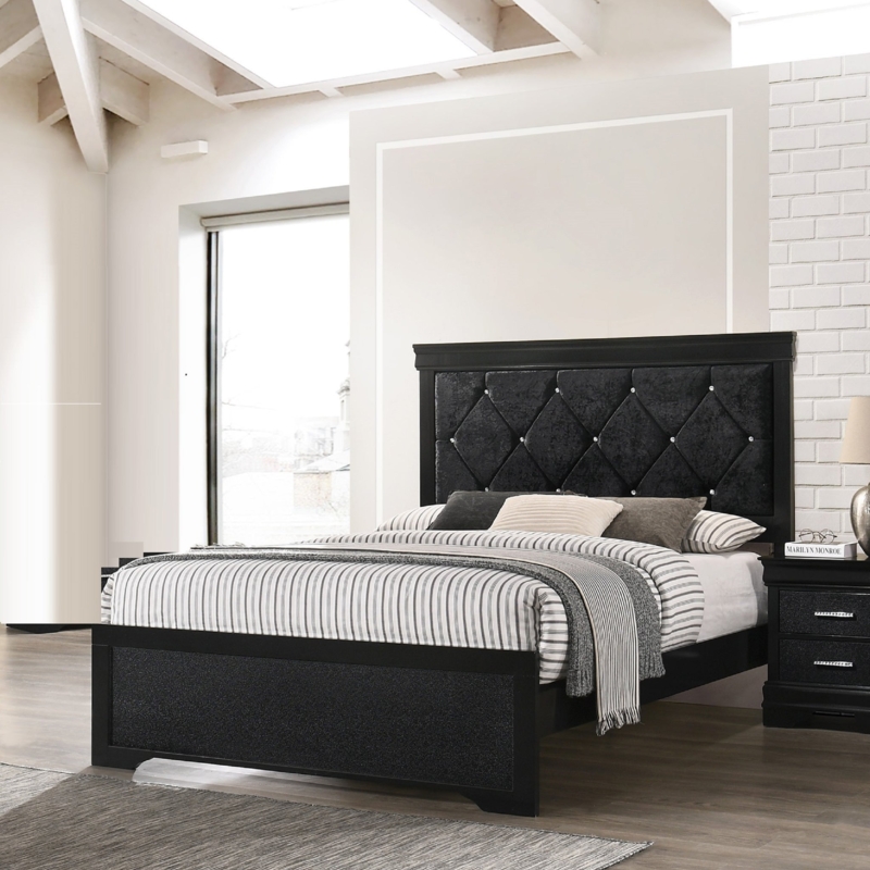 Panel Bed Black Diamond Tufted Crystal Button Footboard