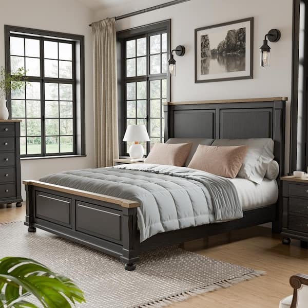 Panel Bed Black Frame Oak Accents Modern Farmhouse Molding Details