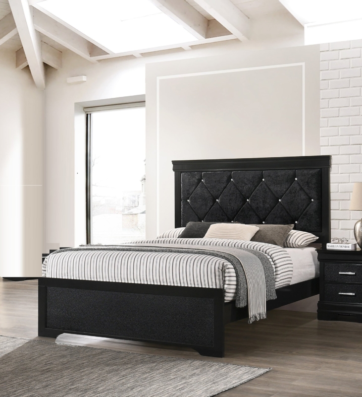 Panel Bed Black Glam Diamond Tufted with Crystal Accents