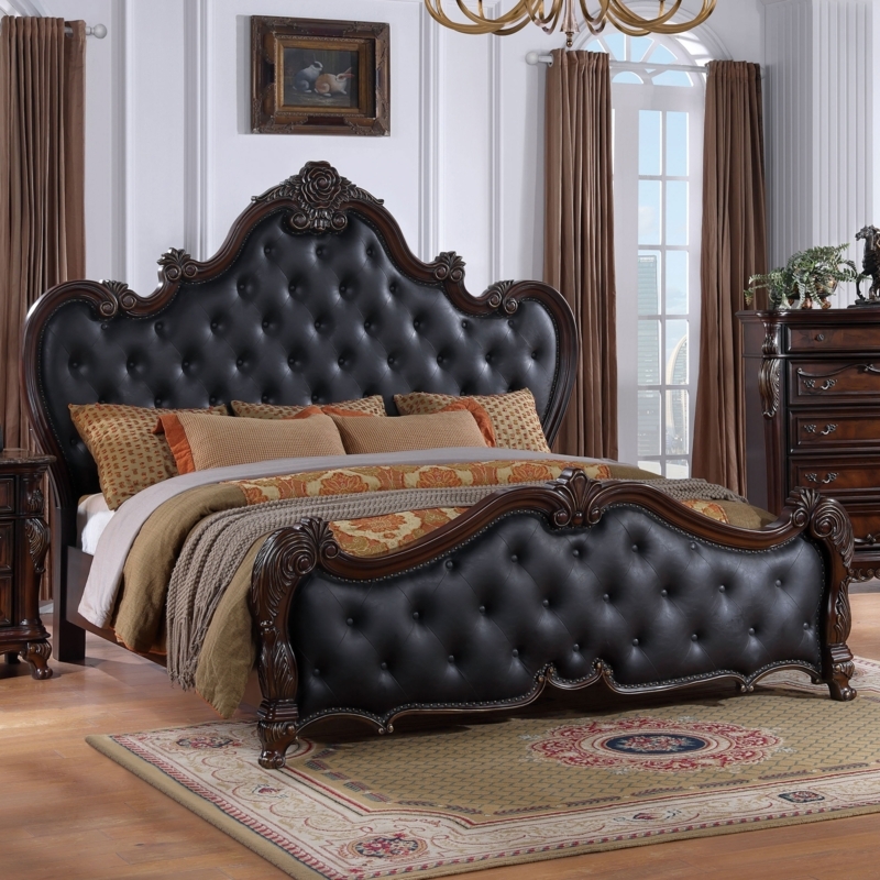 Panel Bed Black Leatherette Arched Tufted Headboard