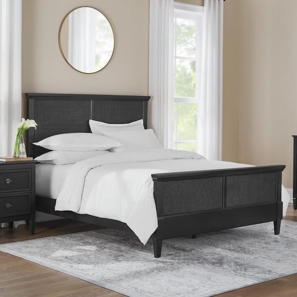 Panel Bed Black Wood Rattan Cane Woven Insets Transitional Style
