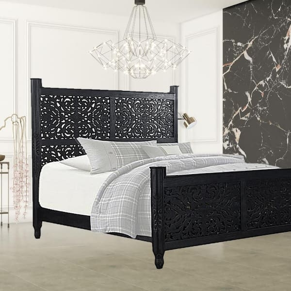 Panel Bed Bohemian Wood Intricate Floral Carved Headboard