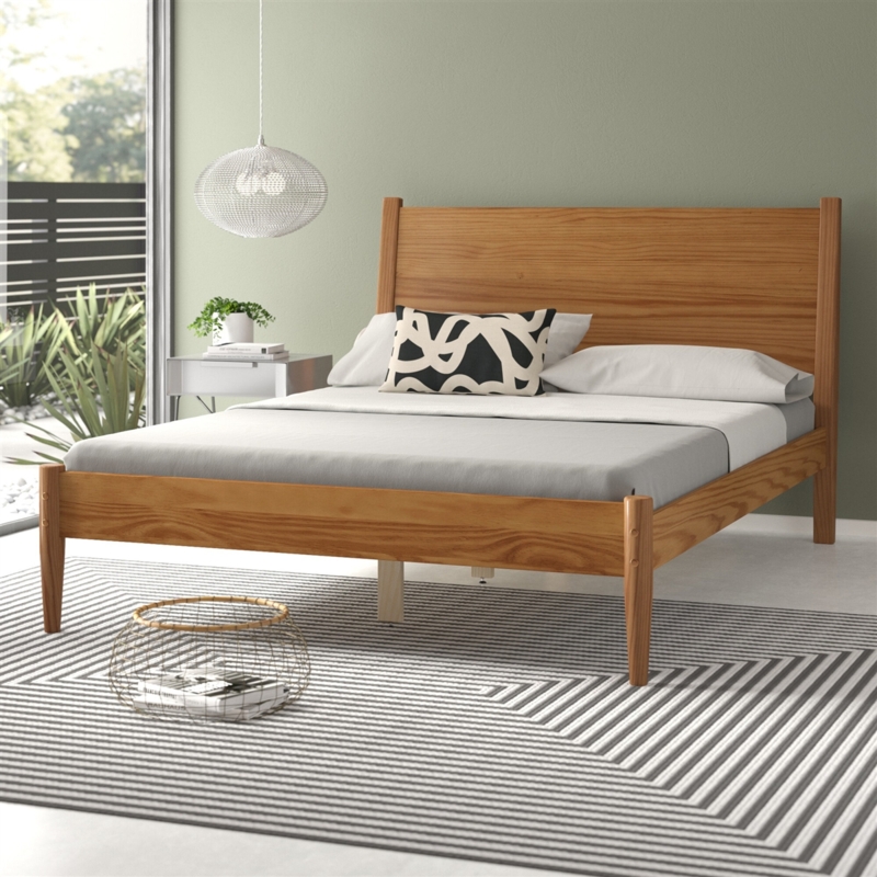 Panel Bed Castanho Finish Solid Headboard Mid-Century Modern Style