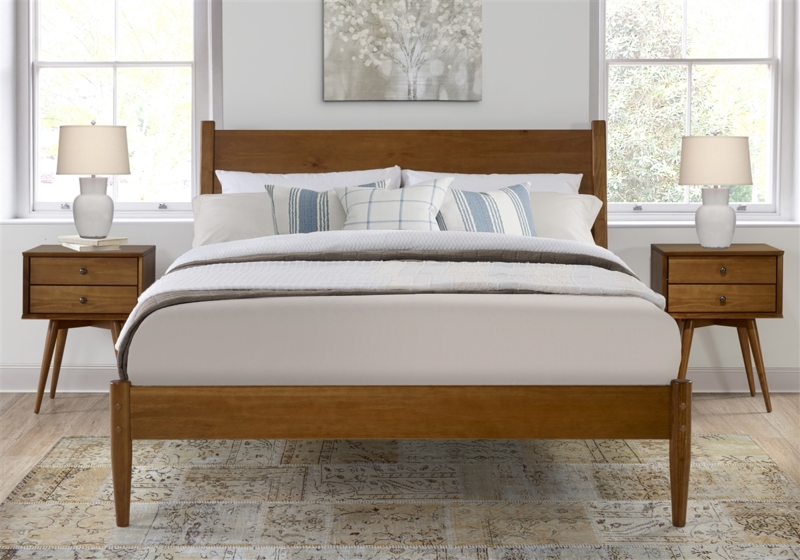 Panel Bed Castanho Finish Warm Wood Tapered Legs Mid Century Design