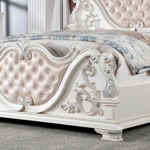 Panel Bed Champagne Tufting Scrollwork Low Profile Footboard