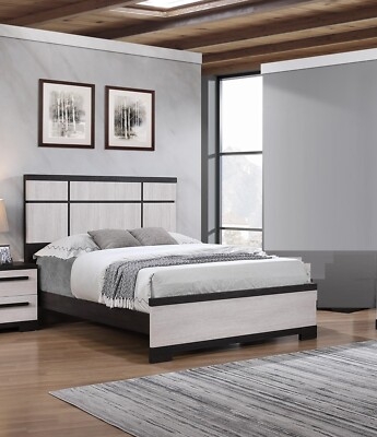 Panel Bed Contemporary Rustic Two-Tone Grid Headboard Design