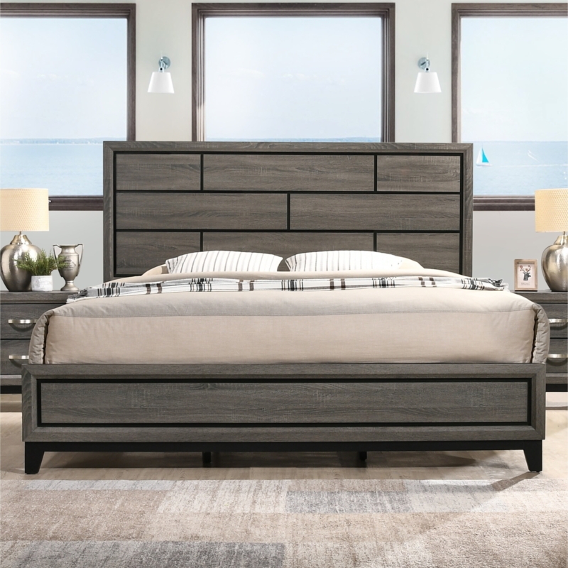 Panel Bed Dark Ash Gray Finish Geometric Paneled Headboard