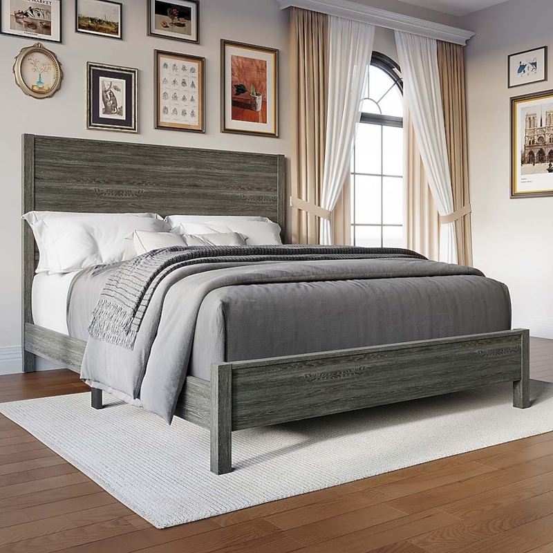 Panel Bed Dark Grey Wood Finish Tall Headboard Transitional Style