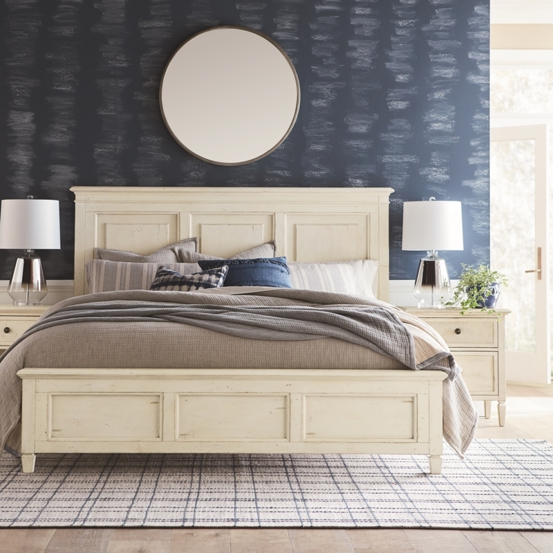 Panel Bed Distressed Off-White Finish Molded Trim Transitional Style