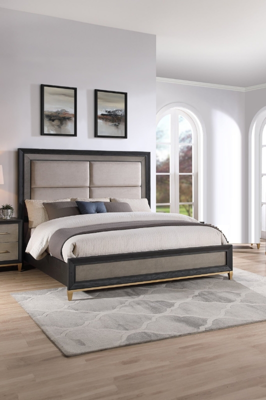 Panel Bed Four Paneled Headboard Gold Base Trim Charcoal Finish