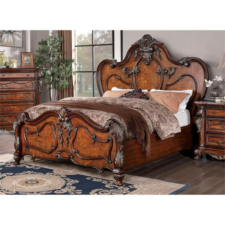 Panel Bed High Arched Headboard Intricate Carvings Classic