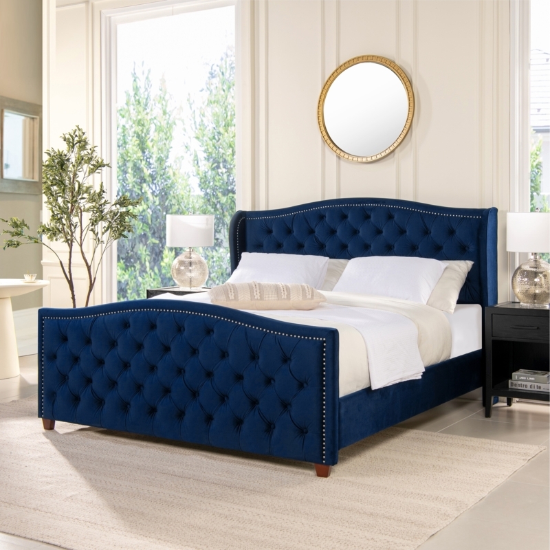 Panel Bed in Navy Blue Velvet, Wingback Headboard with Nailhead Trim