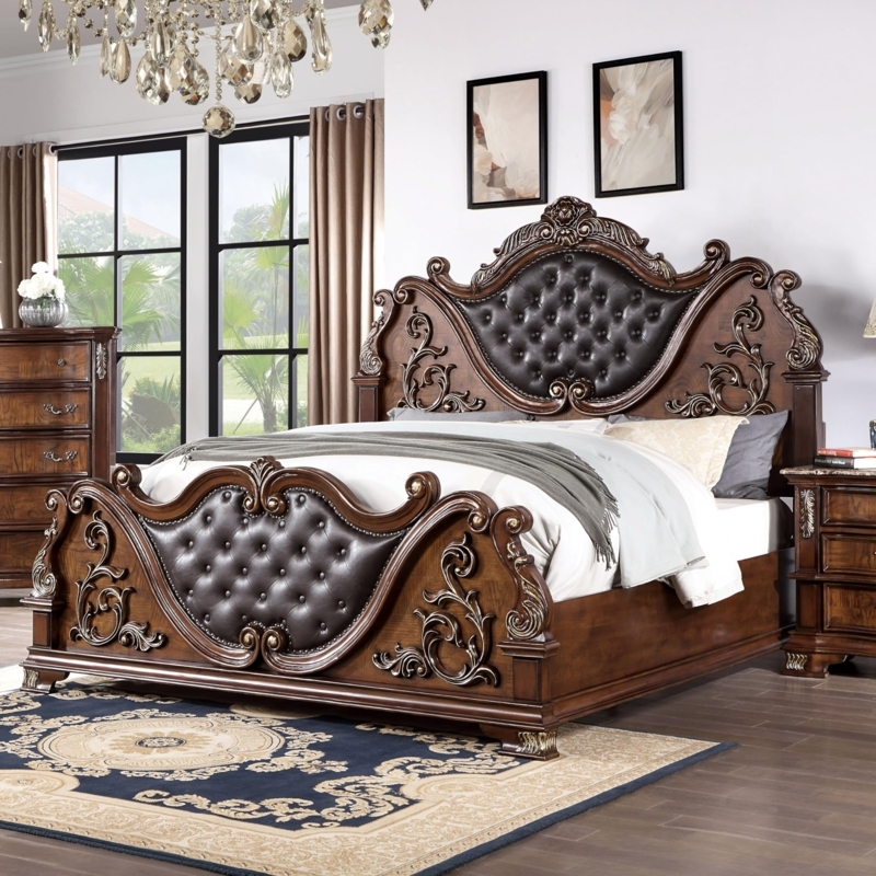 Panel Bed Intricate Scroll Carvings Tufted