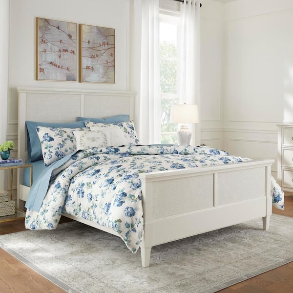 Panel Bed Ivory Finish Woven Cane Inserts Traditional Style