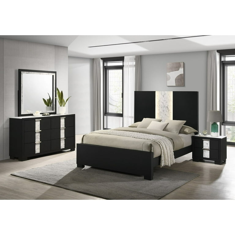 Panel Bed Modern Glam Matte Black Illuminated Marble Insets