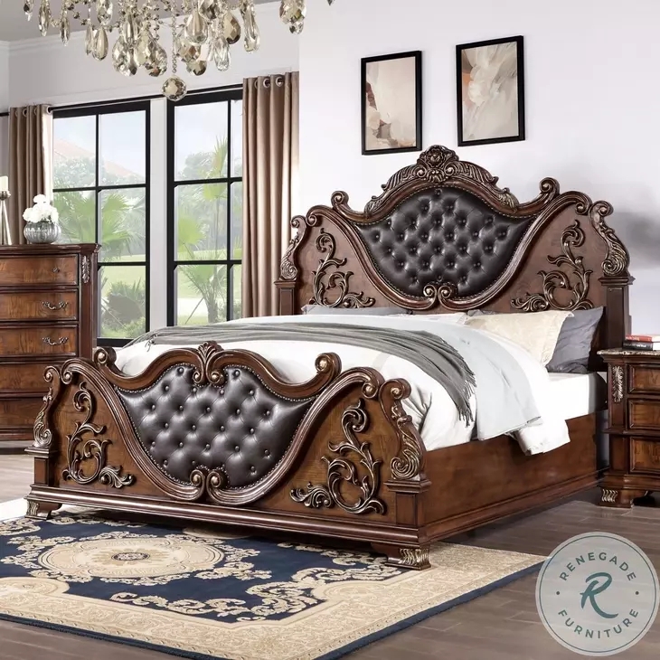 Panel Bed Ornate Scrolled Carvings Tufted Leather Panels Baroque Style
