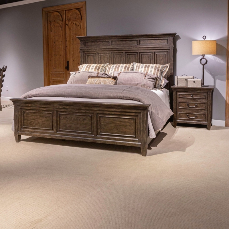 Panel Bed, Rustic Dark Brown Wood with High Recessed Panels