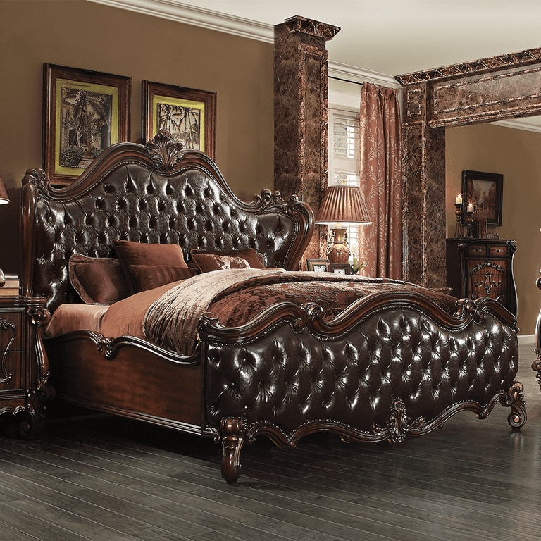 Panel Bed, Traditional Cherry Oak, Button Tufted & Scrolled
