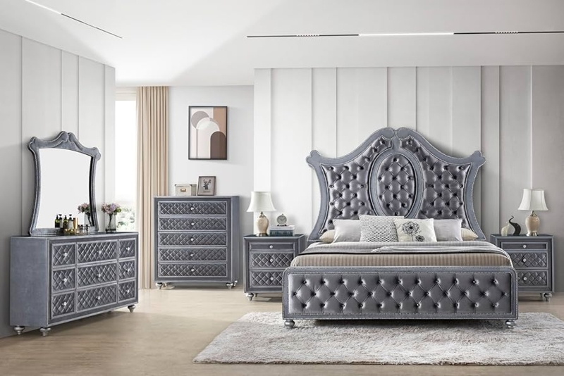 Panel Bed Traditional Gray Wood Finish Arched Button Tufted