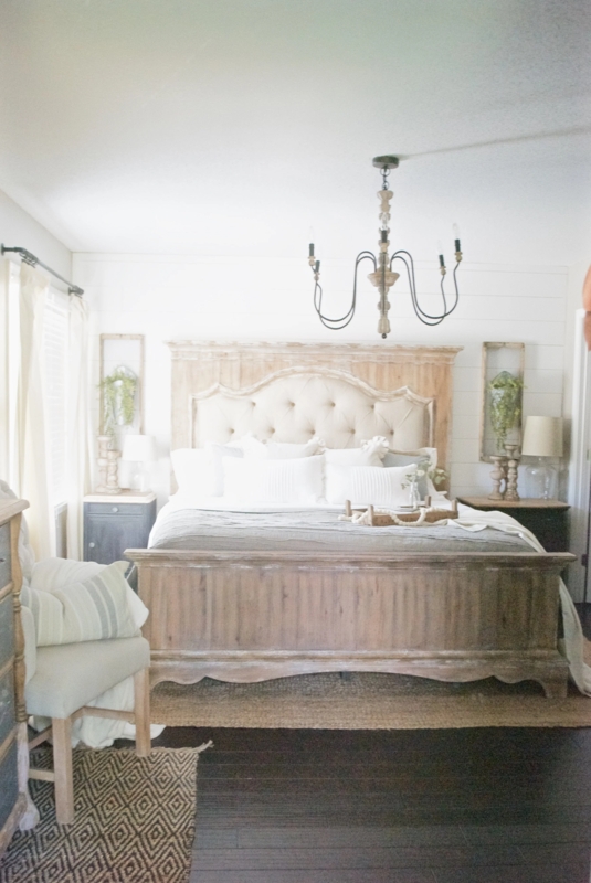 Panel Bed with Arched Tufted Headboard in Whitewashed Finish