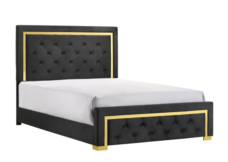 Panel Bed with Black Velvet Look and Gold Metal Trim