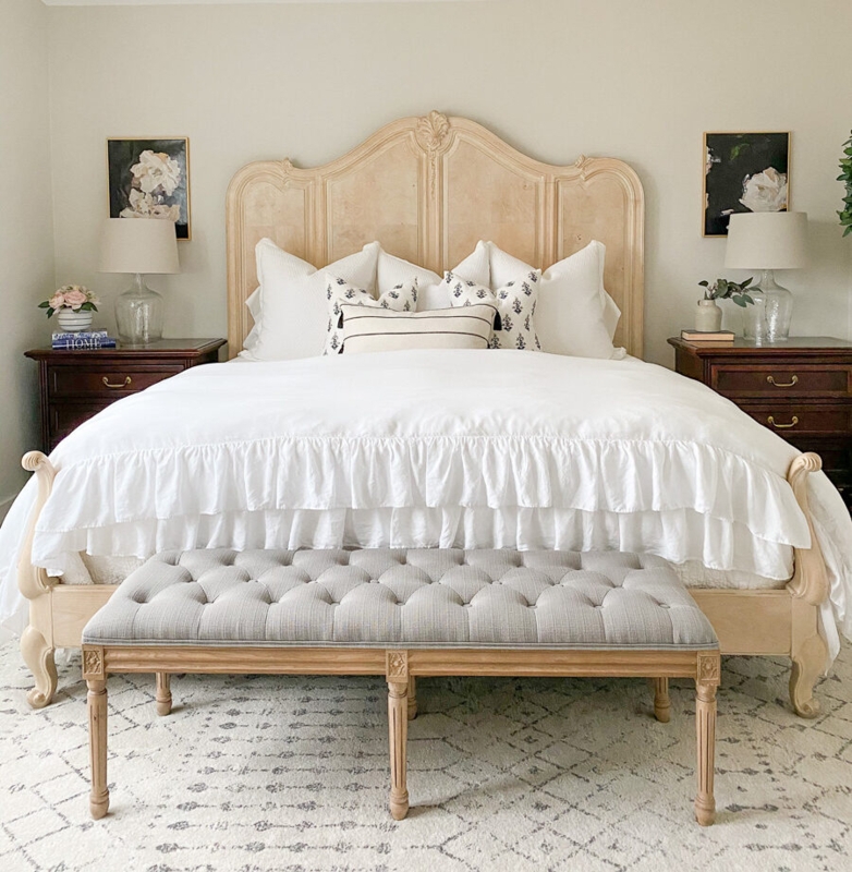 Panel Bed with Carved Wood Headboard and Turned Legs, French Country