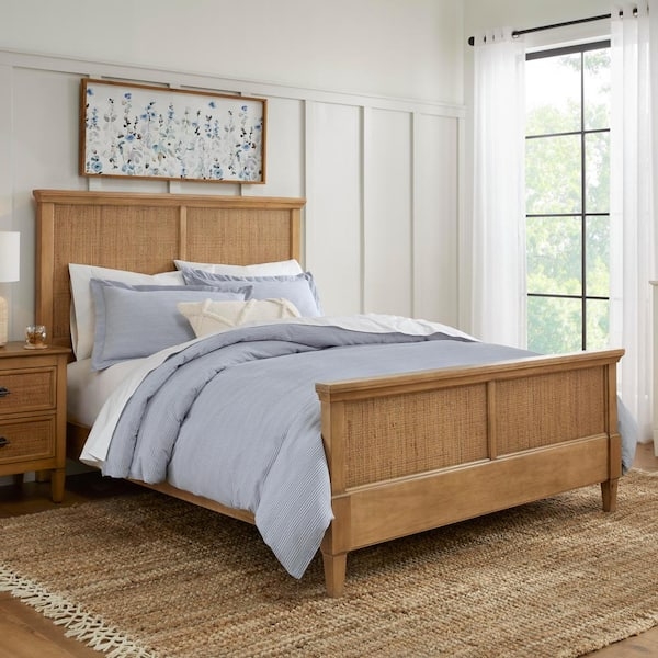 Panel Bed Woven Rattan Panels Wood Toned Coastal Farmhouse Style
