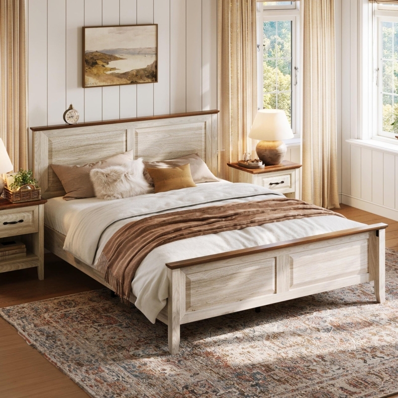 Paneled Bed Frame with Two-Tone Finish, High Footboard, Farmhouse Style