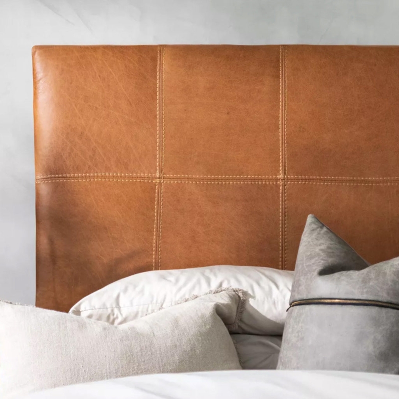Panelled Headboard Cognac Leather with Visible Stitching Modern Rustic